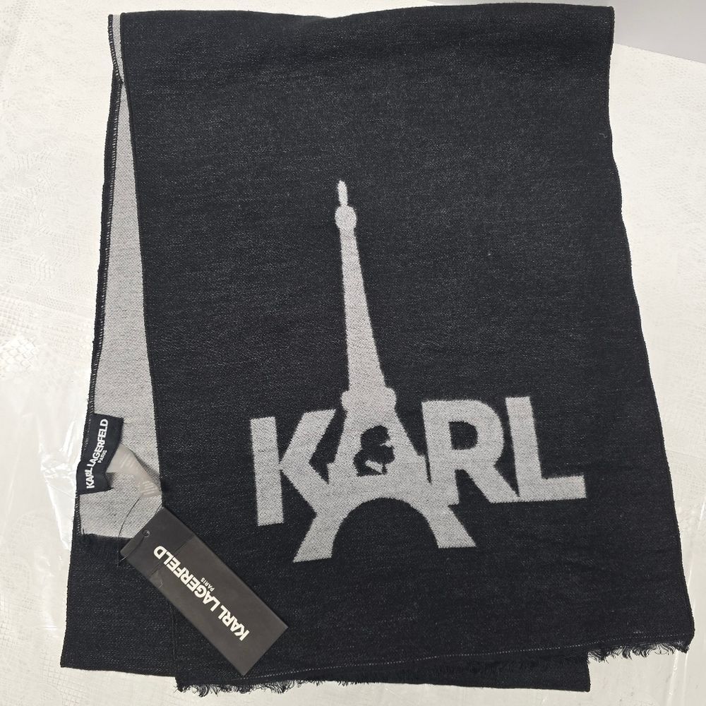 Karl Lagerfeld Black Gray Cozy Eiffel Tower Scarf NWT